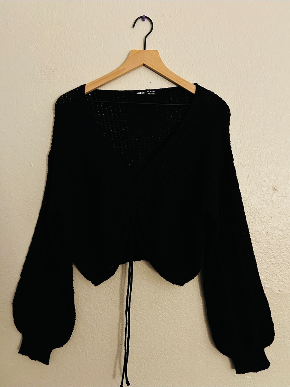 SHEIN Black V-Neck Cropped Ruched Drawstring Sweater - Picture 5 of 5